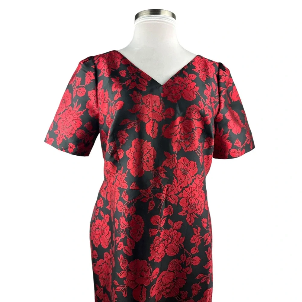 NWT Talbots Back Bow Floral Jacquard A-Line Dress Red Black Lined Zip Size 14 - Picture 4 of 16